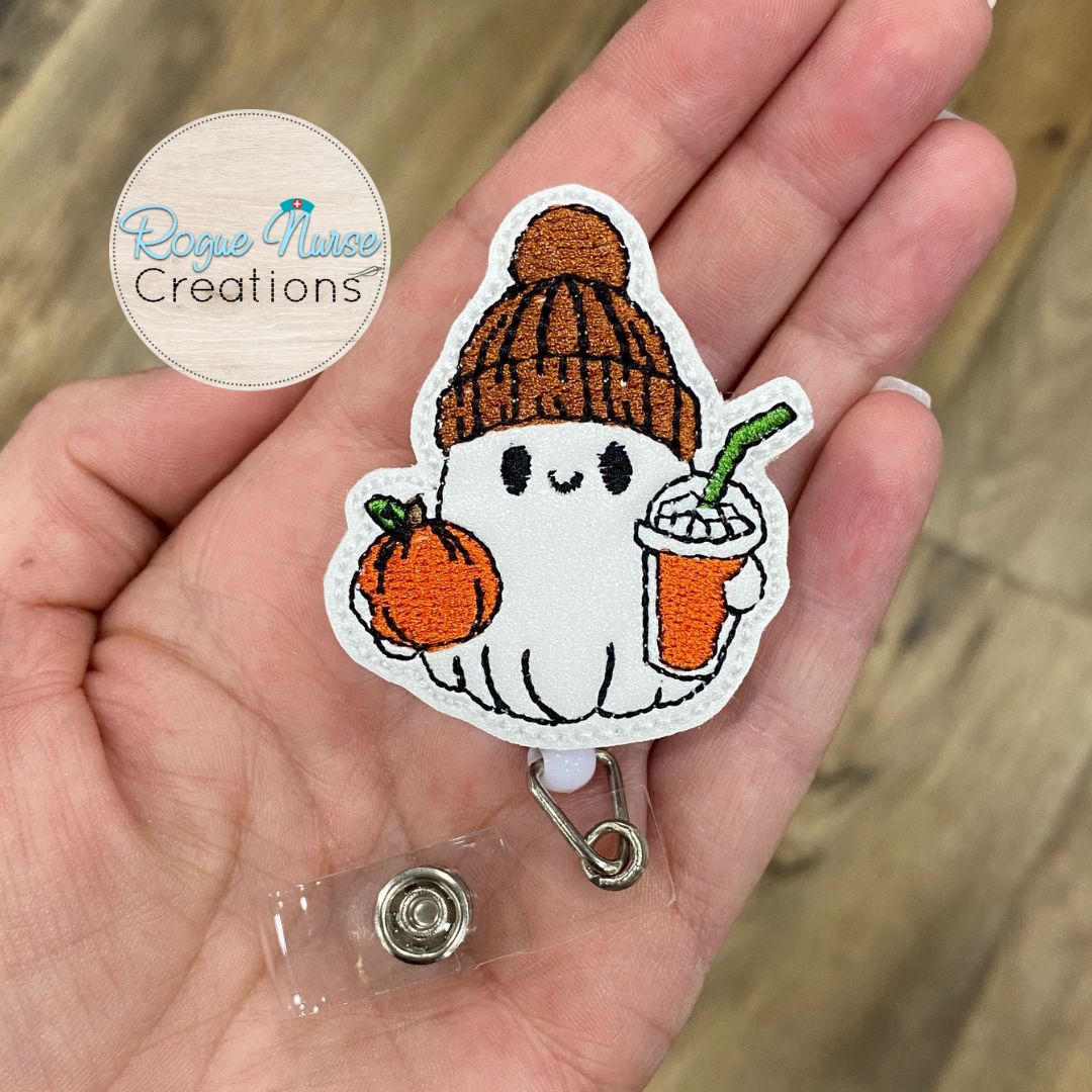 Ghost Wearing a Beanie Hat With a Pumpkin and an Ice Coffee Retractable Badge Reel, Halloween Ghost Badge Holder, MRI Safe Badge Option