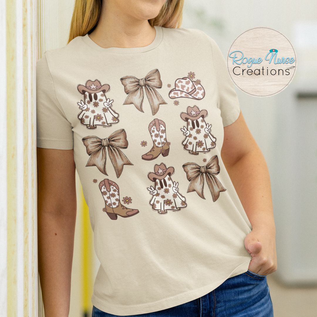 Cowboy Ghost with Bows Graphic T-Shirt, cute Ghost T-Shirt, Halloween Brown and Beige Cowboy Ghost Halloween Shirt