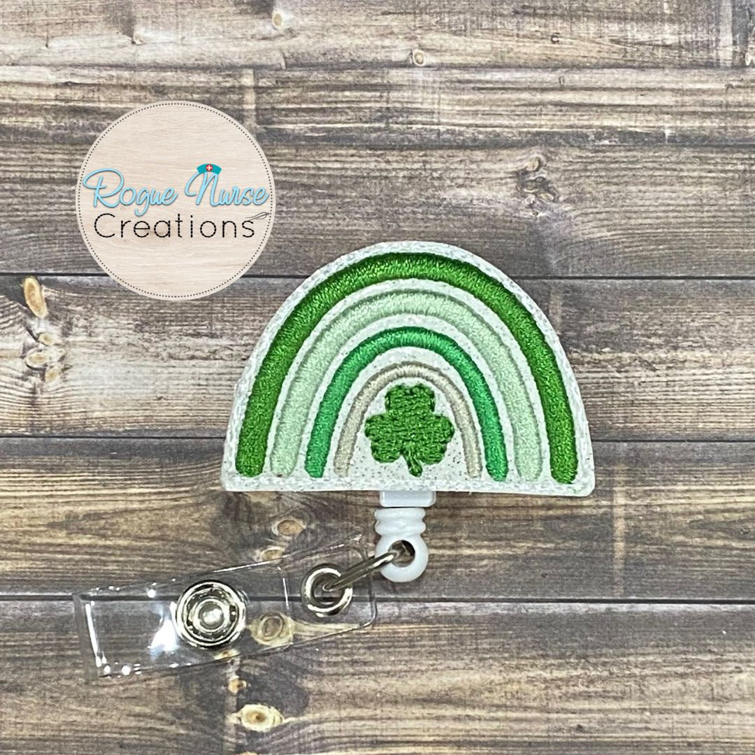 Shamrock Rainbow St Patrick’s Day Embroidered Retractable Badge Reel, Healthcare Green Shamrock Badge Buddy, Boho Green Rainbow