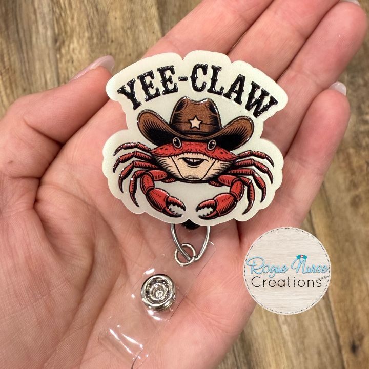 Yee-Claw Cowboy Crab Retractable Badge Reel, UV Printed on Peal Acrylic. Crabby Cowboy Badge Holder