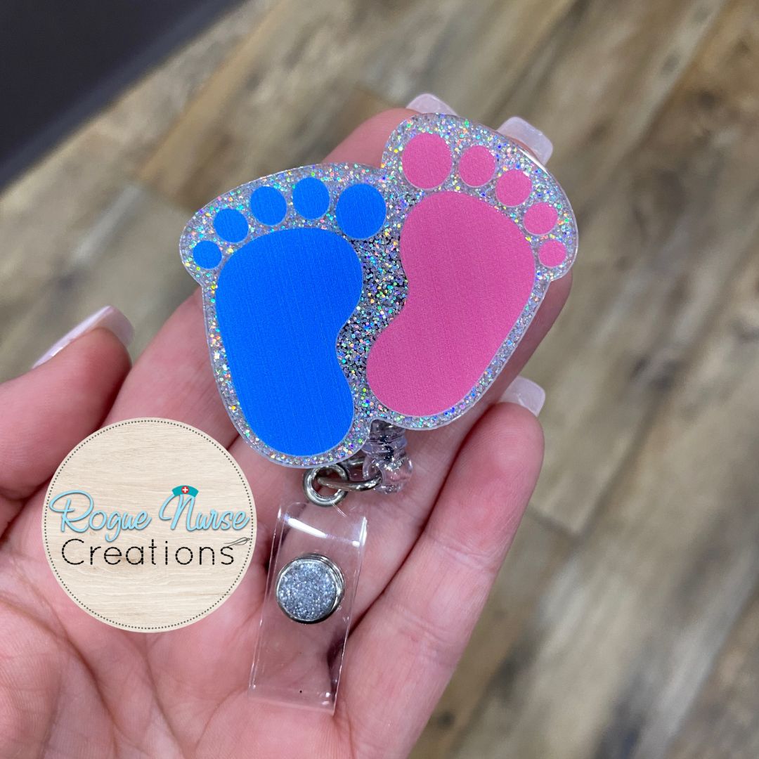 Pink and Blue Baby Feet Acrylic/Epoxy Retractable Badge Reel, Silver Glitter Labor and Delivery Nurse, NICU Nurse Badge Buddy, Cute Badge