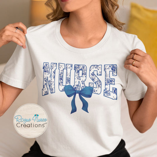 Blue Floral Nurse With Blue Bow Graphic T-shirt, Cute Floral Nurse Shirt, Nurse Gift, flowers and Bow Nurse T-shirt. Pretty Bow Nurse Shirt (Copy)