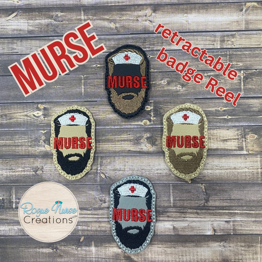 MURSE Embroidered Badge Reel, Male Nurse on Matte Beige Vinyl with Brown Beard Retractable Badge Reel, Nurse Badge Reel, Nurse Gift