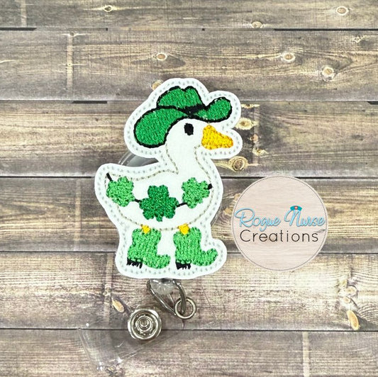 St Patrick’s Day Goose, Wearing a Cowboy Hat and Boots. Embroidered with Shamrocks Retractable Badge Reel, Silly Goose Badge Reel