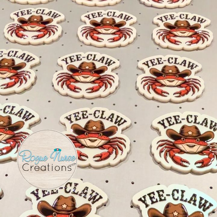 Yee-Claw Cowboy Crab Retractable Badge Reel, UV Printed on Peal Acrylic. Crabby Cowboy Badge Holder