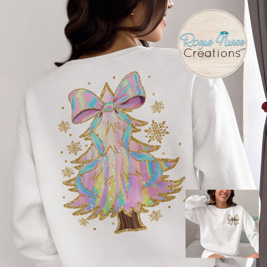 Pastel glittery Christmas Graphic Sweatshirt, Iridescent looking Tree Holiday Graphic Pullover, Nurse Gift, Cute Christmas Tree Sweatshirt