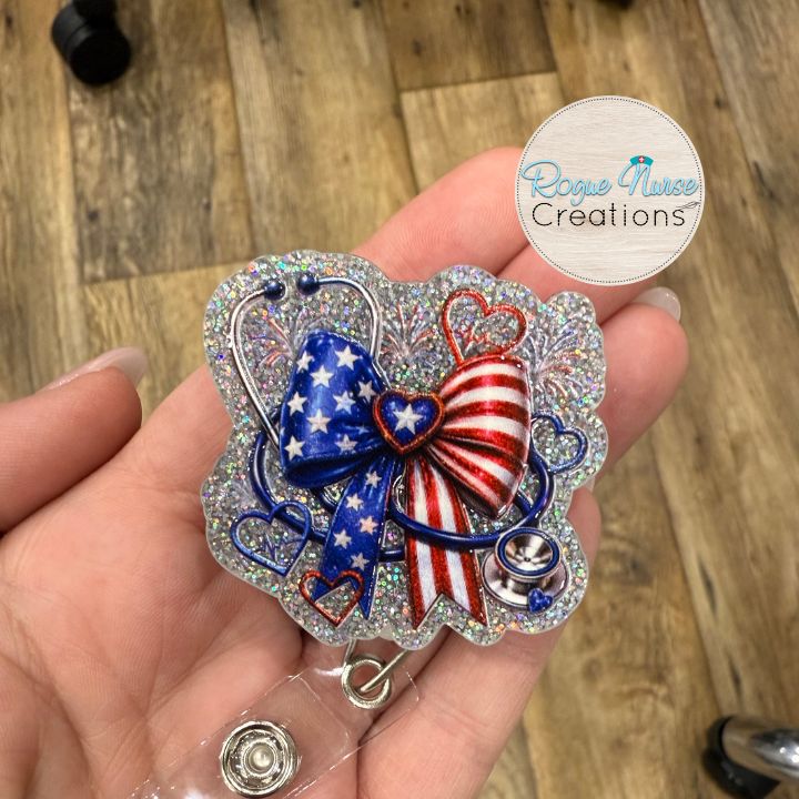 Patriotic 4th of July Bow with Stethoscope Retractable Badge Reel, UV Printed on Silver Glitter Acrylic, Cute Nurse Badge Holder