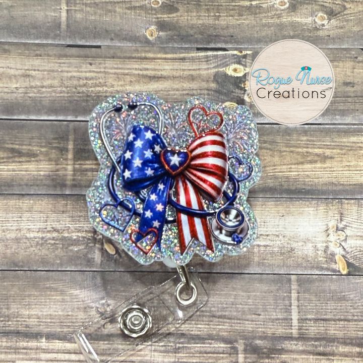 Patriotic 4th of July Bow with Stethoscope Retractable Badge Reel, UV Printed on Silver Glitter Acrylic, Cute Nurse Badge Holder