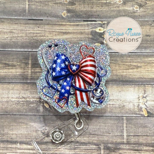 Patriotic 4th of July Bow with Stethoscope Retractable Badge Reel, UV Printed on Silver Glitter Acrylic, Cute Nurse Badge Holder