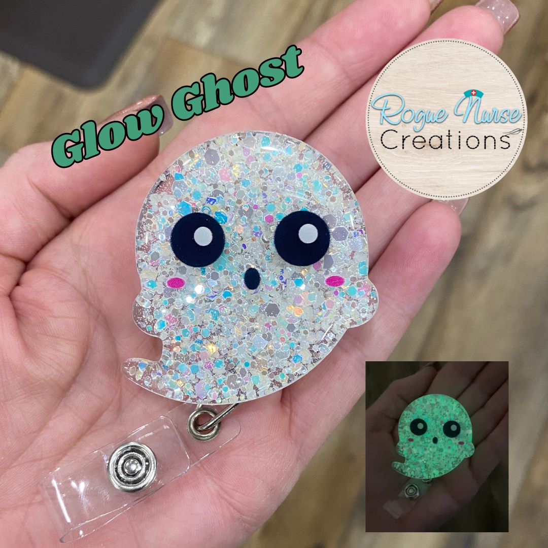 GLOW Iridescent Glitter Acrylic Epoxy Ghost Retractable Badge Reel, Halloween Badge Reel, Wispy Friendly Ghost, Glowing Ghost Badge Holder