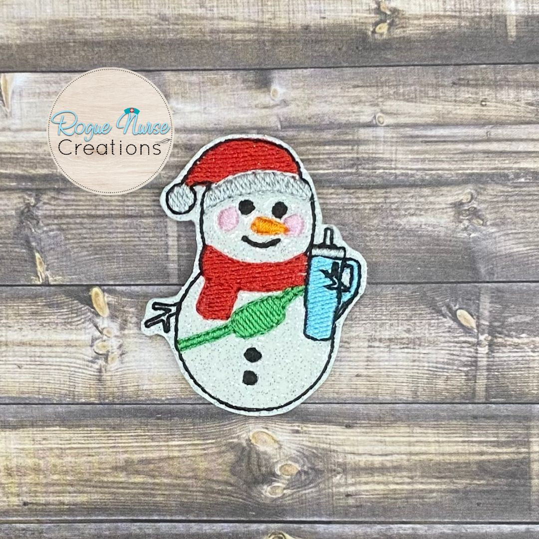 White Glitter Boujee Snowman Holding a Tumbler And Wearing a Crossbody Bag Retractable Badge Reel, Holiday Embroidered Snowman Badge Buddy