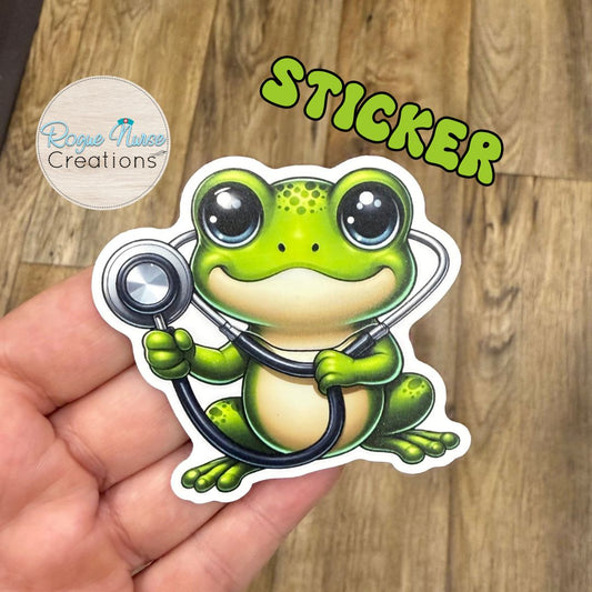 Cute Green Frog Wearing a Stethoscope Matte Vinyl Sticker, Healthcare Staff Sticker, Cute Nurse Sticker, Medical Frog Sticker.
