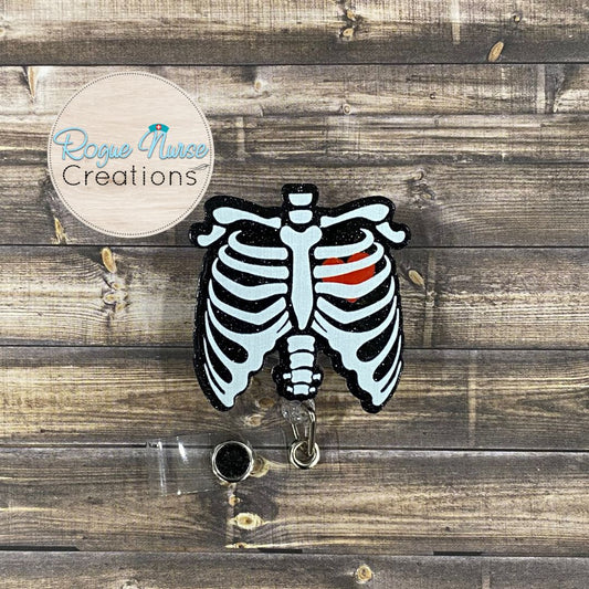 Rib Cage Skeleton Black Acrylic/Epoxy Retractable Badge Reel, X-Ray of Rib Cage With a Red Heart, Healthcare Gift, Radiology Badge Buddy