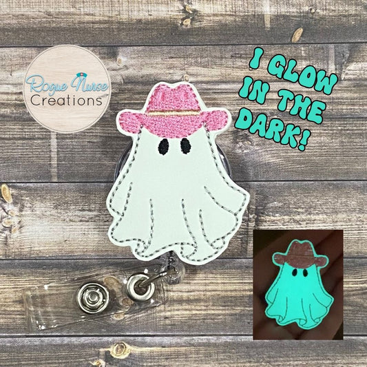 Western Glow in the Dark Ghost Wearing a PINK Hat, Halloween Retractable Badge Reel, Cowboy Hat Wearing Ghost. MRI Safe Badge Reel Option