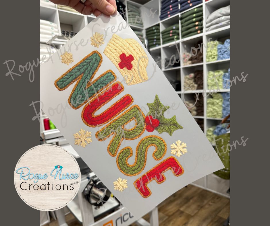 NURSE Faux Yarn Graphic Print T-Shirt, Nurse Crew Holiday T-Shirt, Nurse Gift, Cute Faux Knitted Nurse Christmas Shirt for The Holidays