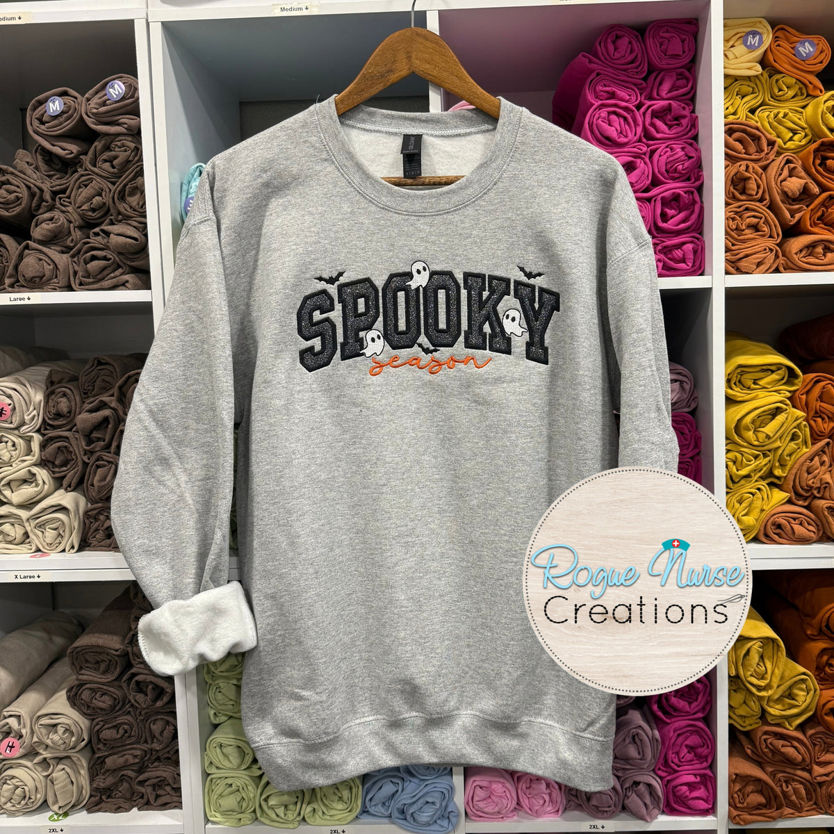 SPOOKY Season Embroidered Glitter Applique Sweatshirt, Fall Pullover Sweater, Cute Halloween Fall Season Embroidered Sweatshirt.