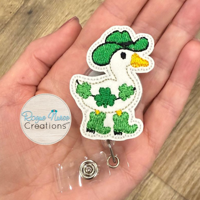 St Patrick’s Day Goose, Wearing a Cowboy Hat and Boots. Embroidered with Shamrocks Retractable Badge Reel, Silly Goose Badge Reel