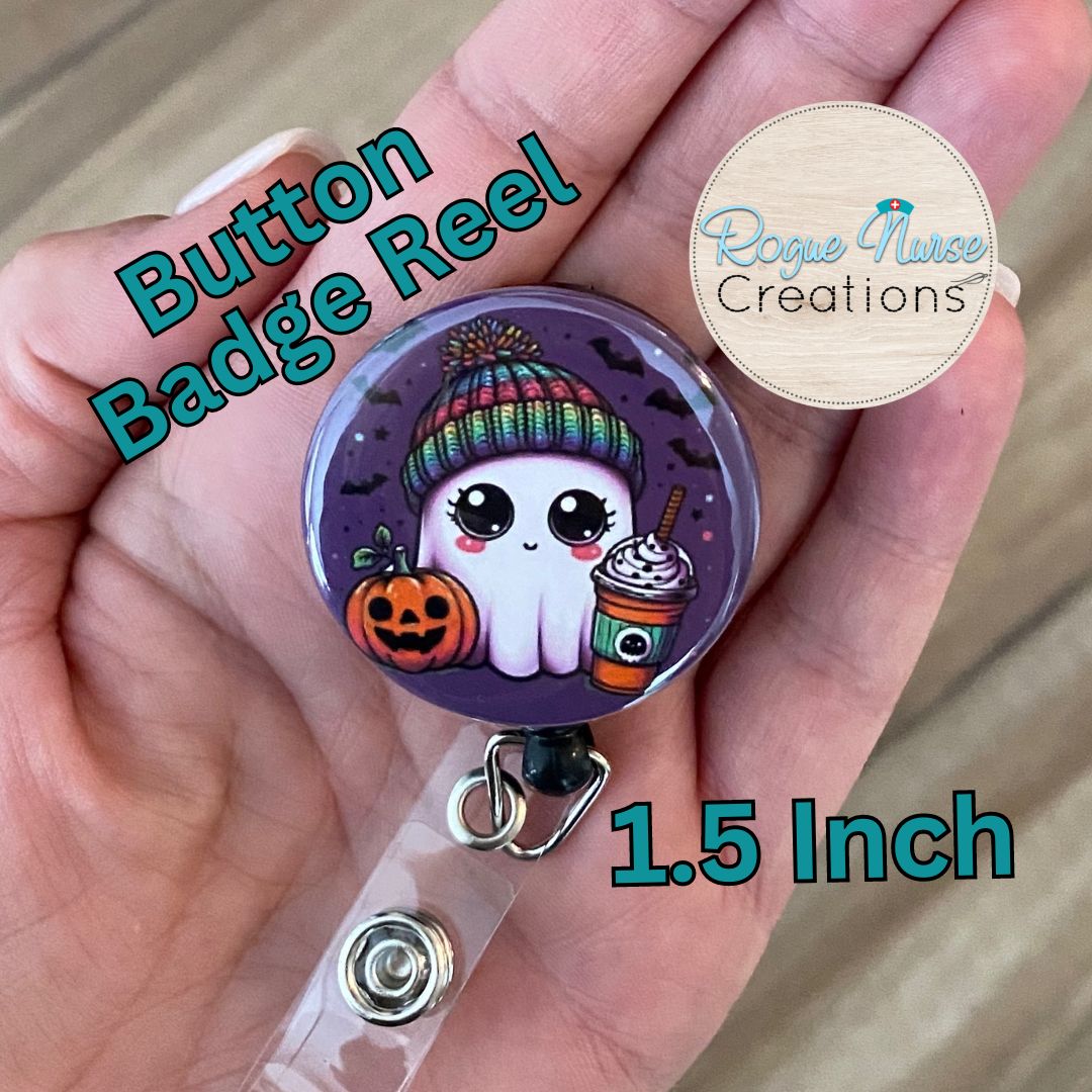 Ghost Wearing a Colorful Beanie, Holding a Pumpkin and ICE Coffee on a PURPLE Background, Button Style Retractable Button Badge Holder, Halloween Badge Reel, Cute Ghost Badge Holder (Copy)