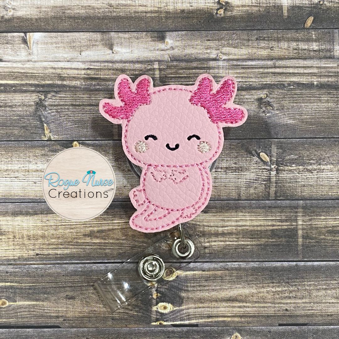 Pink AXOLOTL Retractable Badge Reel, Nurse Badge Buddy, Work ID holder, Cute Summer Badge Buddy, MRI Safe Badge Reel Option,Salamander Badge