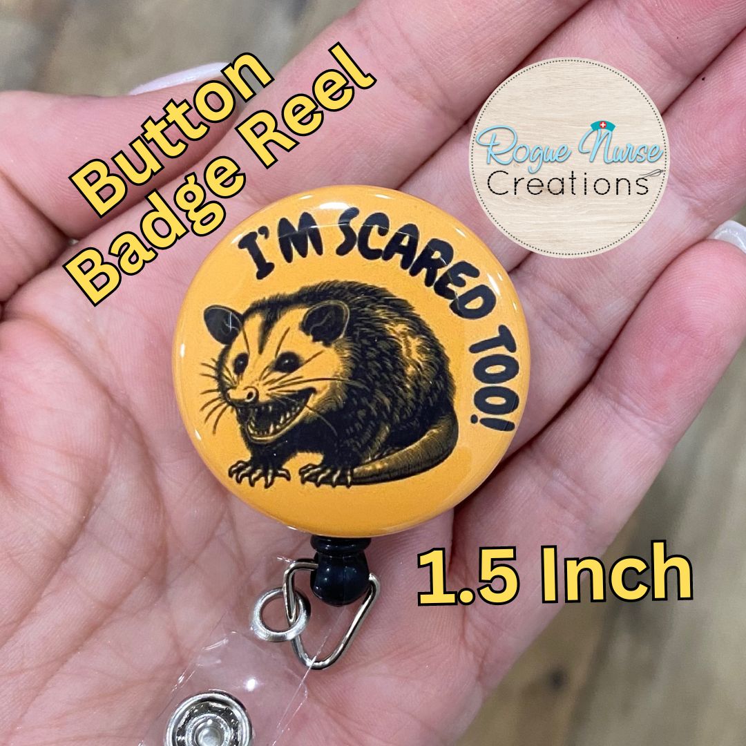 I’m Scared Too! Funny Opossum Button Style Retractable Badge Reel, Golden Yellow Background, Scared Opossum Button Badge Holder, Cute Badge