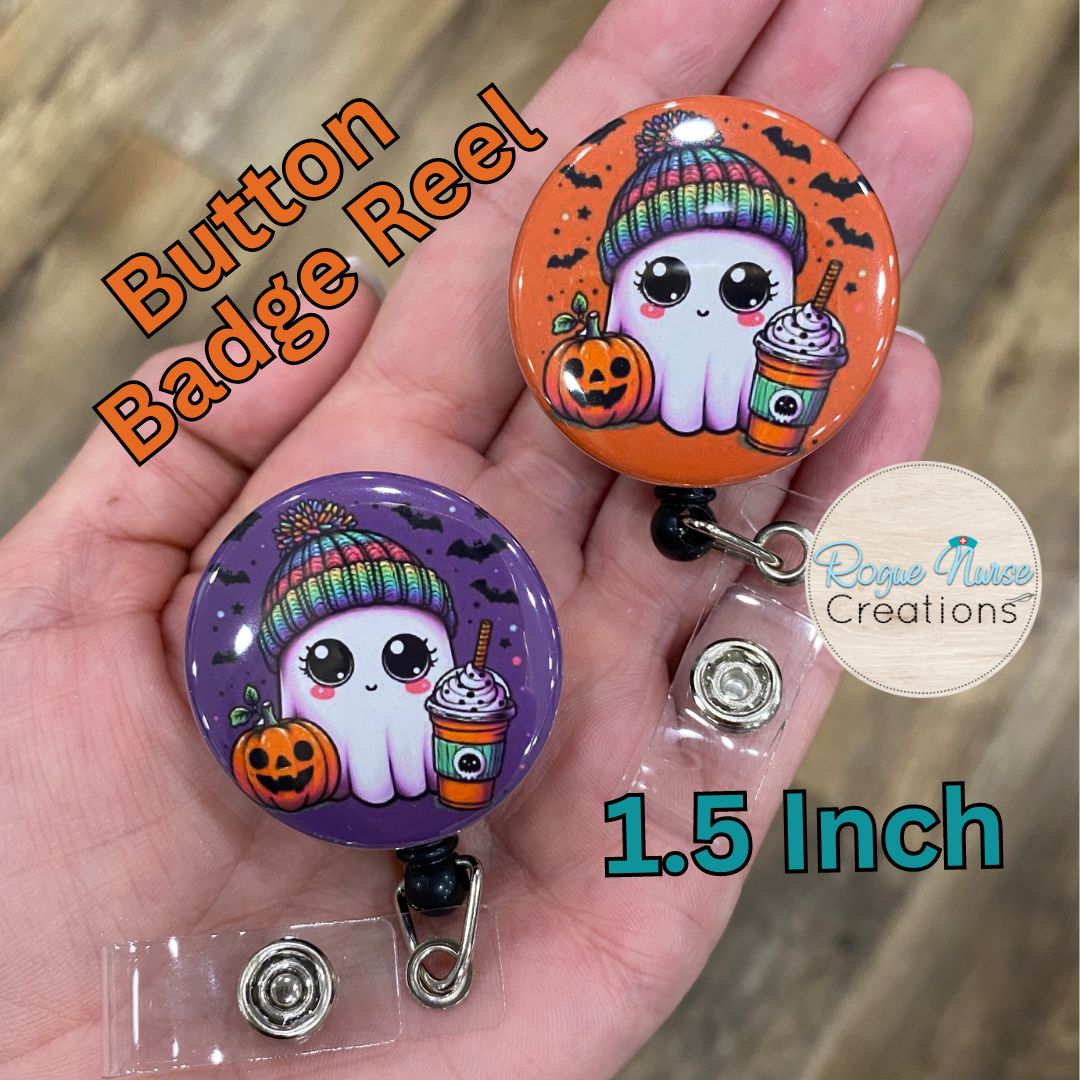 Ghost Wearing a Colorful Beanie, Holding a Pumpkin and ICE Coffee on a PURPLE Background, Button Style Retractable Button Badge Holder, Halloween Badge Reel, Cute Ghost Badge Holder (Copy)