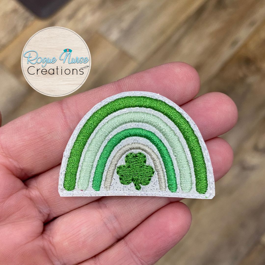 Shamrock Rainbow St Patrick’s Day Embroidered Retractable Badge Reel, Healthcare Green Shamrock Badge Buddy, Boho Green Rainbow