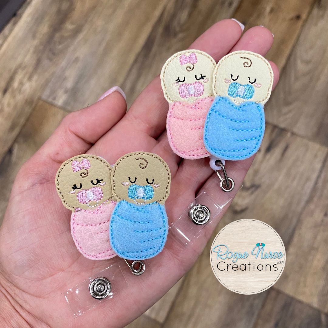 Swaddled babies in Pink And Blue Blankets, Embroidered Retractable Badge Reel, Baby Nurse Badge holder, Swaddled Babies Badge Reels