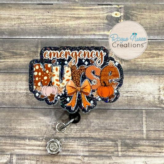 Emergency Nurse Fall Vibe Retractable Badge Reel, UV Printed on Black Glitter Acrylic