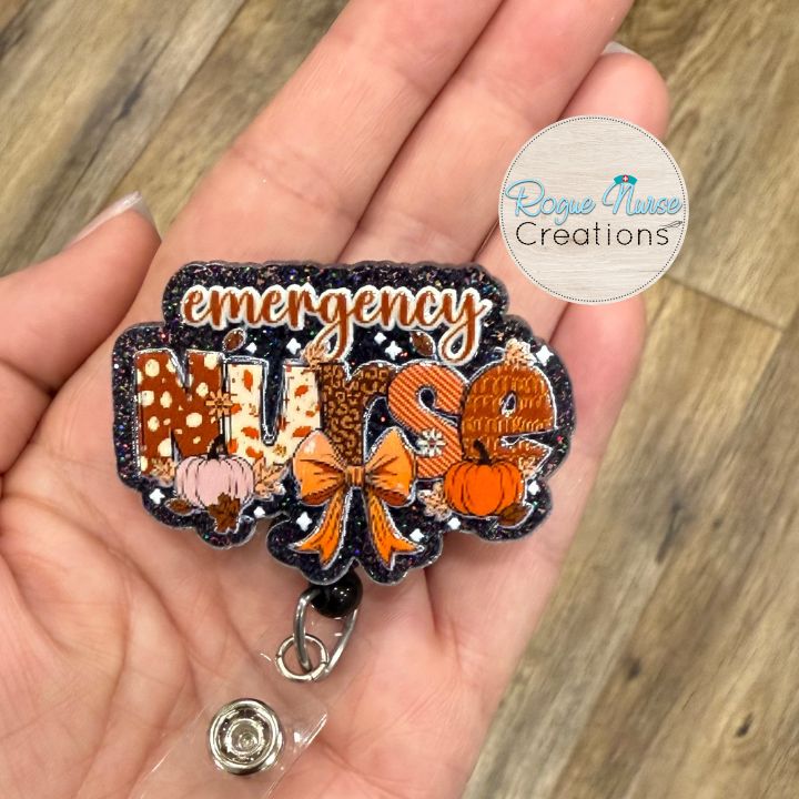 Emergency Nurse Fall Vibe Retractable Badge Reel, UV Printed on Black Glitter Acrylic