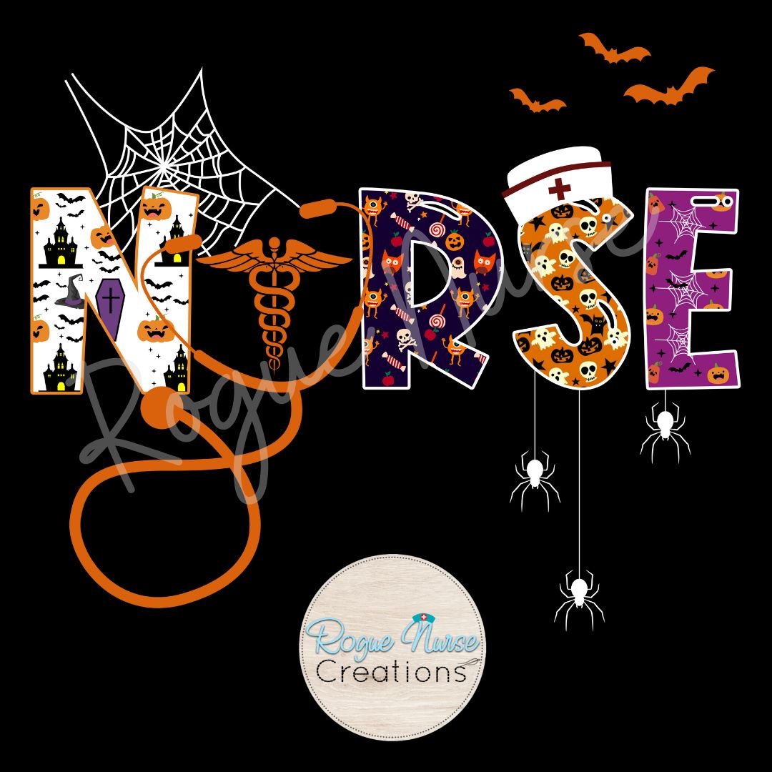 Halloween NURSE  Graphic T-Shirt, Spooky Nurse T-Shirt, Spider Webs, Bats, Stethoscope Nurse Graphic T-Shirt