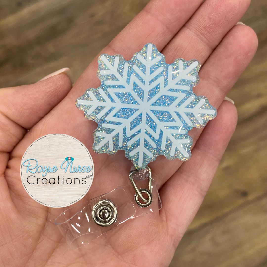 White Glitter Snowflake Acrylic/Epoxy Retractable Badge Reel, Winter, Christmas Holiday Badge Holder