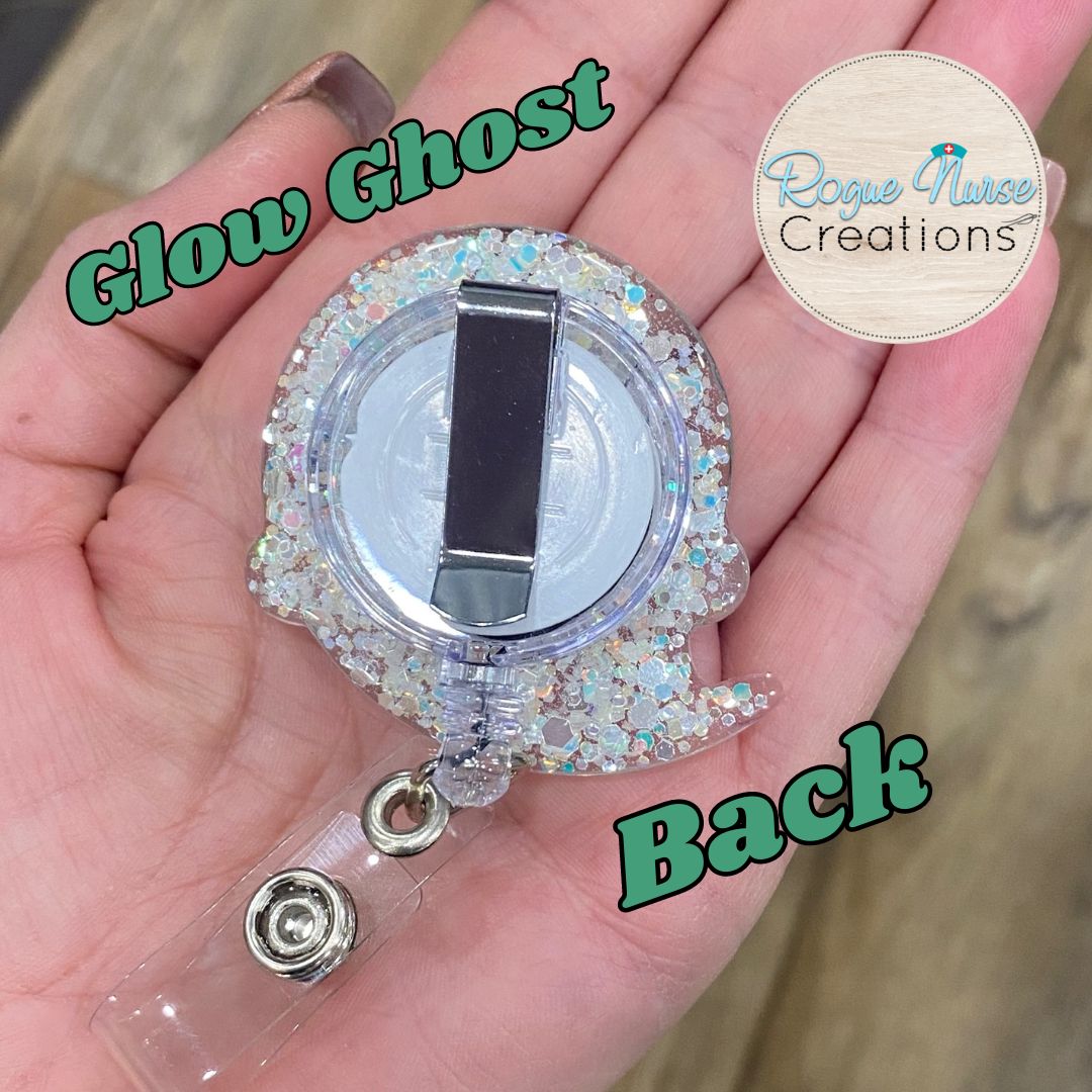 GLOW Iridescent Glitter Acrylic Epoxy Ghost Retractable Badge Reel, Halloween Badge Reel, Wispy Friendly Ghost, Glowing Ghost Badge Holder