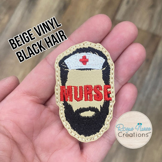 MURSE Embroidered Badge Reel, Male Nurse on Matte Beige Vinyl with Black Beard Retractable Badge Reel, Nurse Badge Reel, Nurse Gift