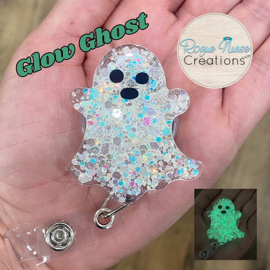 GLOW Iridescent Glitter Acrylic Epoxy Ghost Retractable Badge Reel, Halloween Badge Reel, Friendly Ghost, Glowing Ghost Badge Holder