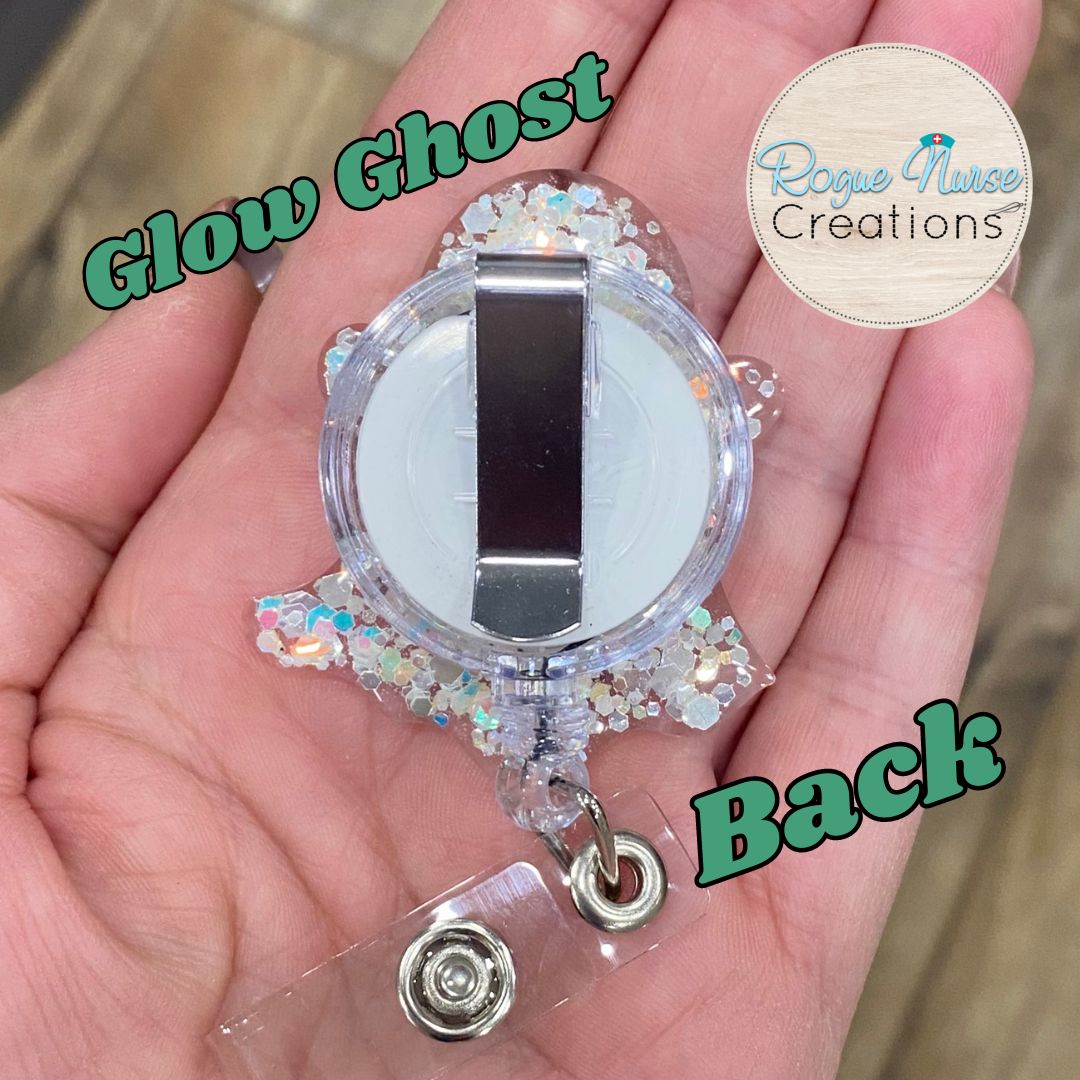 GLOW Iridescent Glitter Acrylic Epoxy Ghost Retractable Badge Reel, Halloween Badge Reel, Friendly Ghost, Glowing Ghost Badge Holder