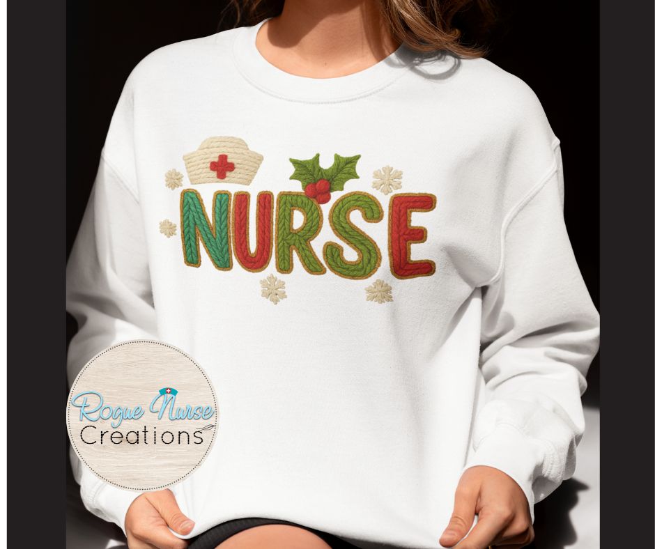 NURSE Faux Yarn Graphic Print Sweatshirt, Nurse Holiday pullover, Nurse Gift, Cute Faux Knitted Nurse Christmas Sweatshirt for The Holidays