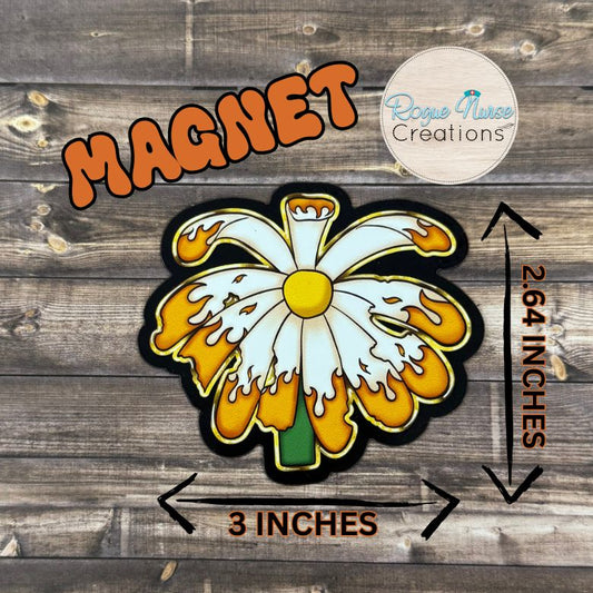 The WILTED Daisy™  Phoenix Edition Magnet, Original Design with Yellow Center and Burning Edges, 3 Inches Tall, Locker Magnet.