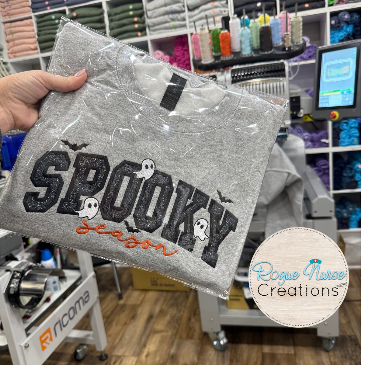 SPOOKY Season Embroidered Glitter Applique Sweatshirt, Fall Pullover Sweater, Cute Halloween Fall Season Embroidered Sweatshirt.