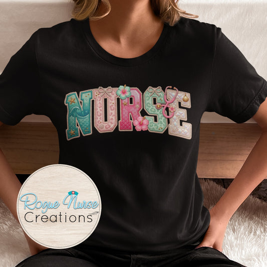 Mermaid Ocean Beach Vibe Nurse Graphic T-shirt, Cute faux shimmer Nurse Shirt