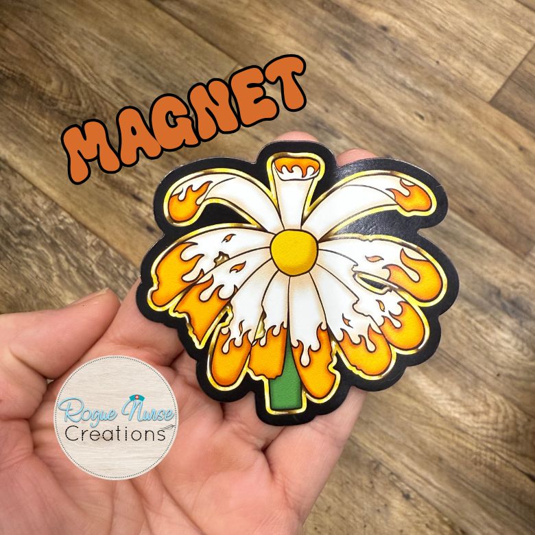 The WILTED Daisy™  Phoenix Edition Magnet, Original Design with Yellow Center and Burning Edges, 3 Inches Tall, Locker Magnet.