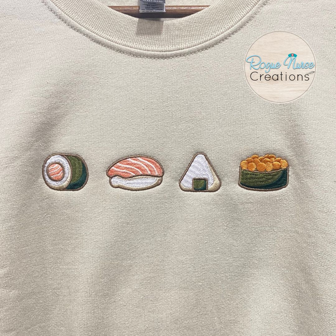 Sushi Embroidered Sweatshirt, Four Pieces of Sushi on a Pullover Sweater, Yummy looking Sushi Rolls Embroidered Gildan Sweatshirt