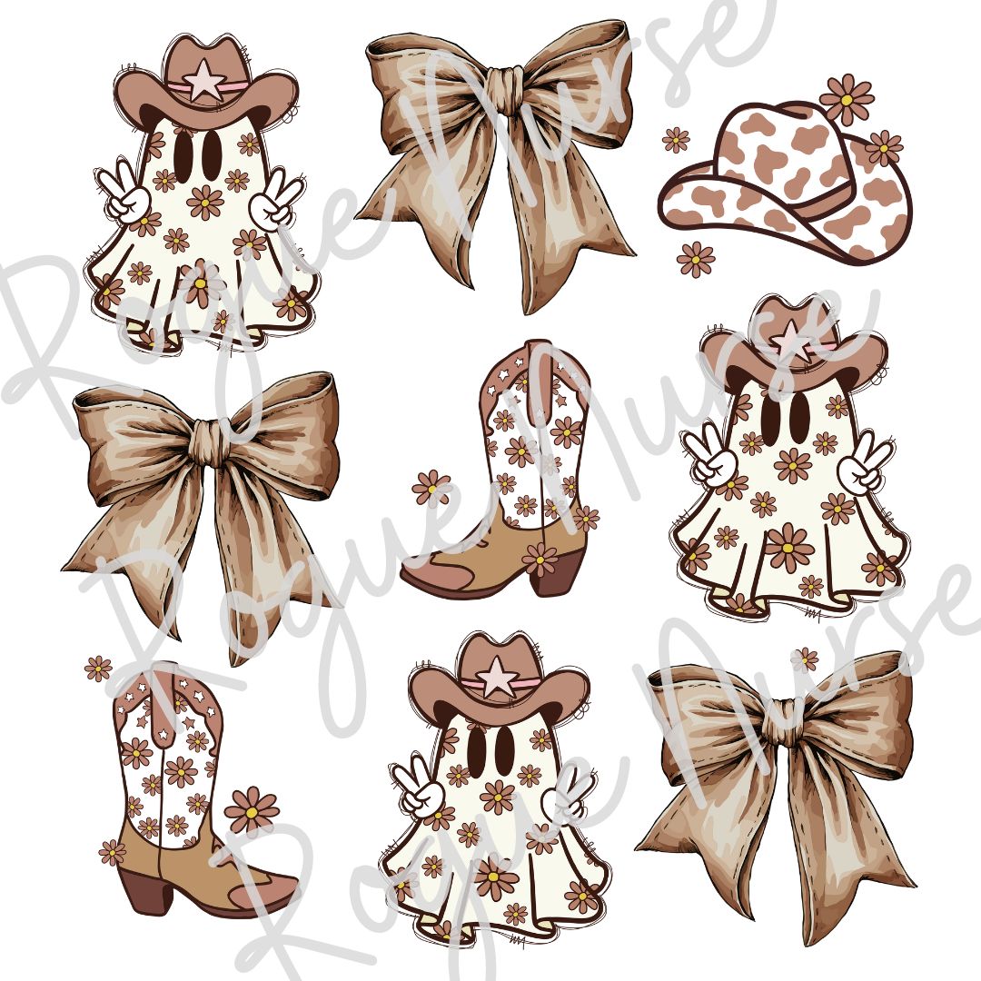 Cowboy Ghost with Bows Graphic T-Shirt, cute Ghost T-Shirt, Halloween Brown and Beige Cowboy Ghost Halloween Shirt