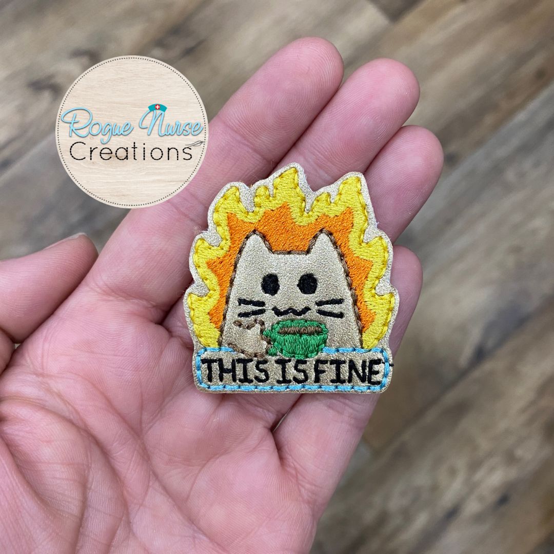 Crackling Fire Coffee Cat Embroidered Retractable Badge Reel, Cat Holding Coffee Surrounded By Flames Badge Reel