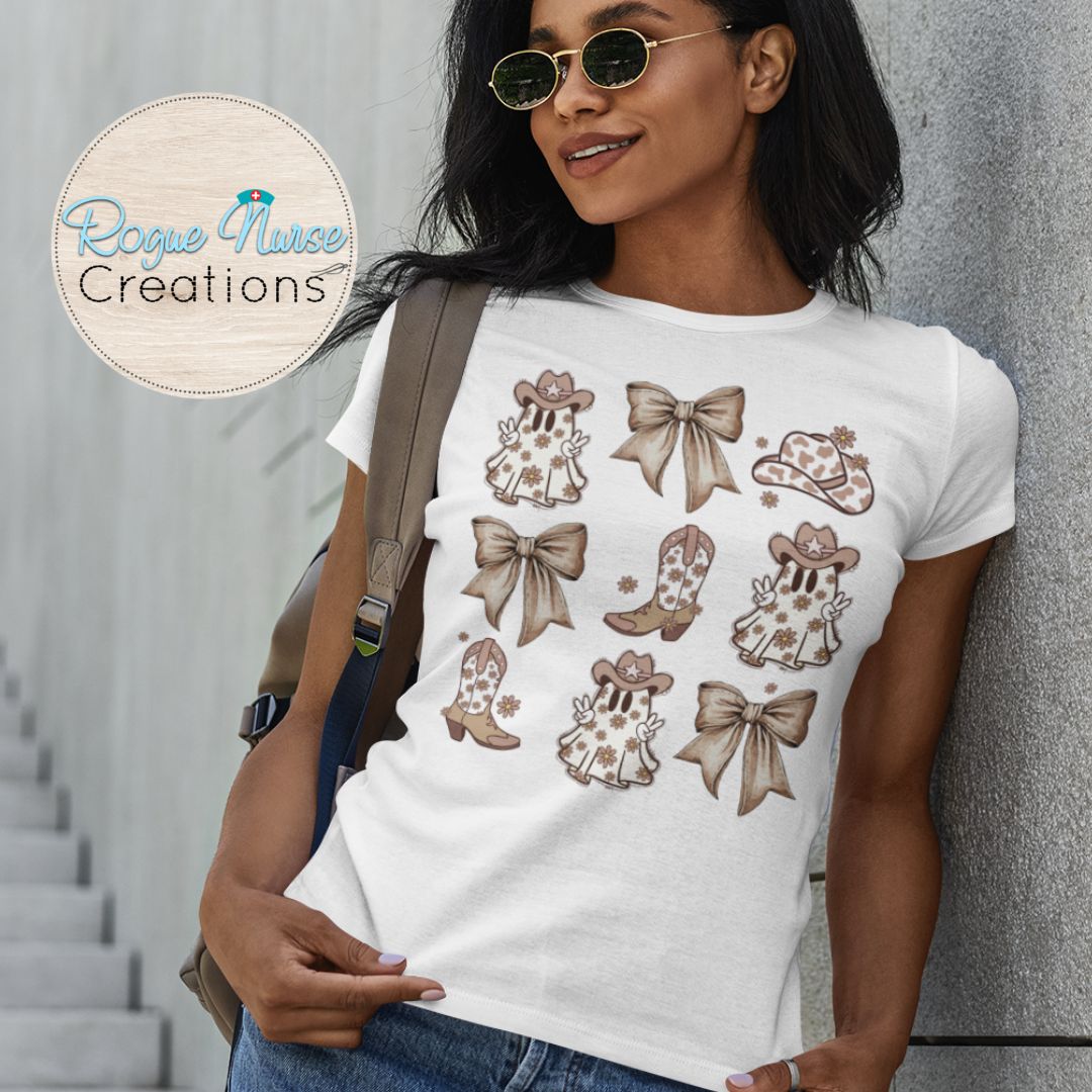 Cowboy Ghost with Bows Graphic T-Shirt, cute Ghost T-Shirt, Halloween Brown and Beige Cowboy Ghost Halloween Shirt