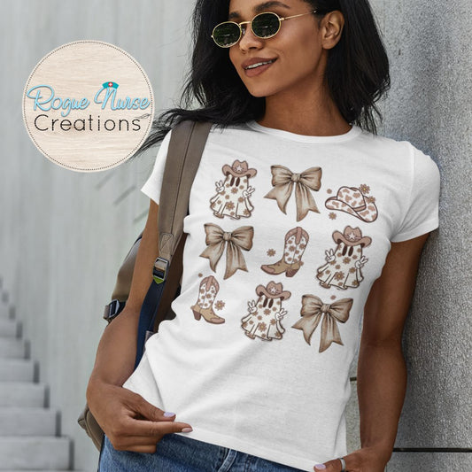 Cowboy Ghost with Bows Graphic T-Shirt, cute Ghost T-Shirt, Halloween Brown and Beige Cowboy Ghost Halloween Shirt