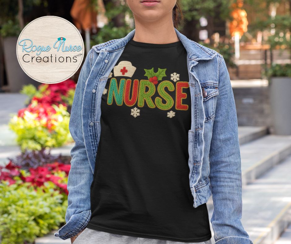 NURSE Faux Yarn Graphic Print T-Shirt, Nurse Crew Holiday T-Shirt, Nurse Gift, Cute Faux Knitted Nurse Christmas Shirt for The Holidays