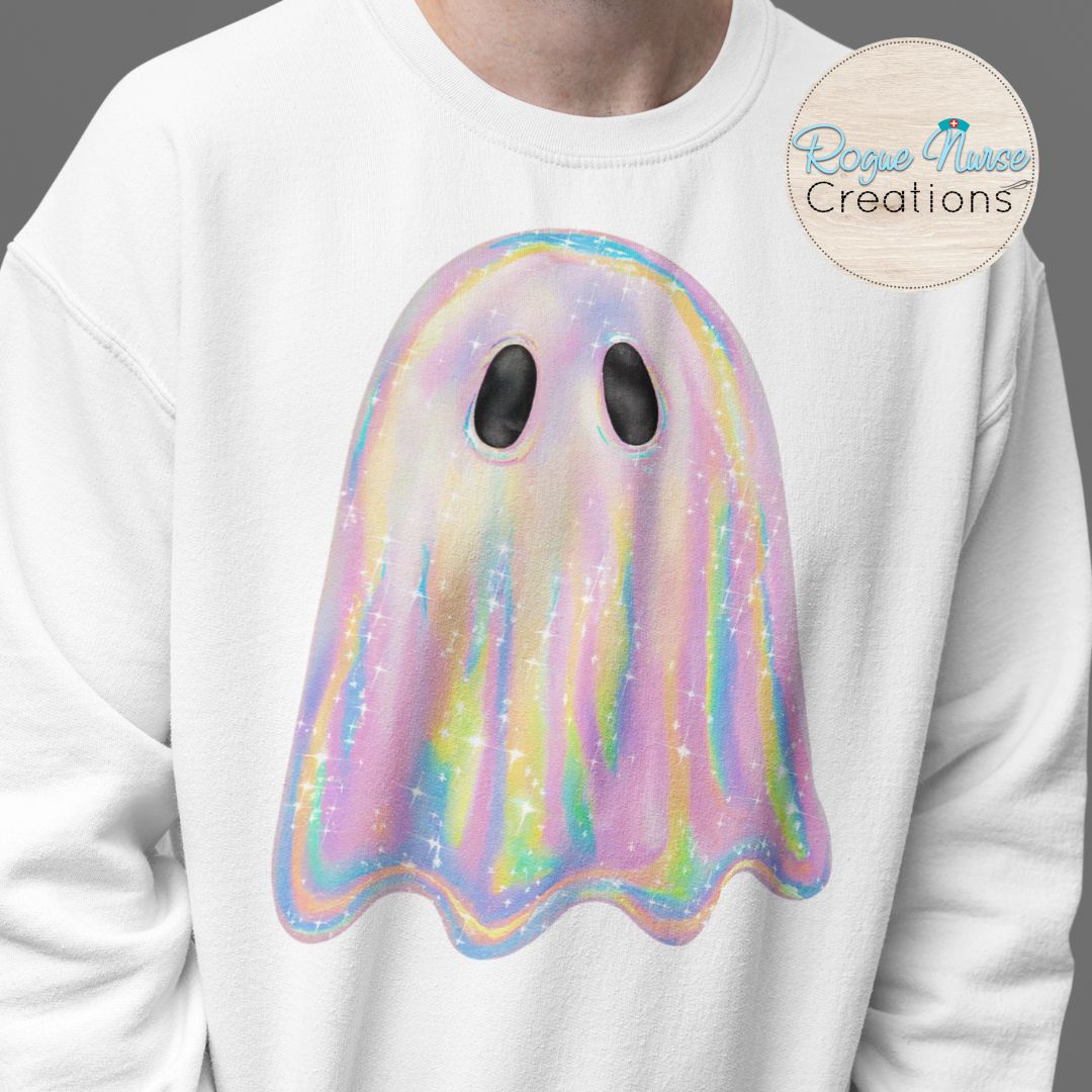 Iridescent looking Ghost Graphic Sweatshirt, Nurse Ghost Crew Pullover, Nurse Gift, Cute Nurse Ghost Halloween Pullover Sweater