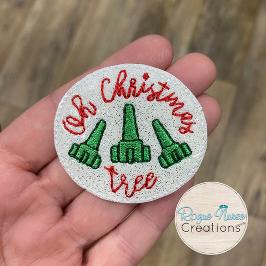 Respiratory Therapist “Oh Christmas Tree” Oxygen Stem Retractable Badge Reel, Embroidered On White Glitter Vinyl, O2 Stem Funny Badge Reel.