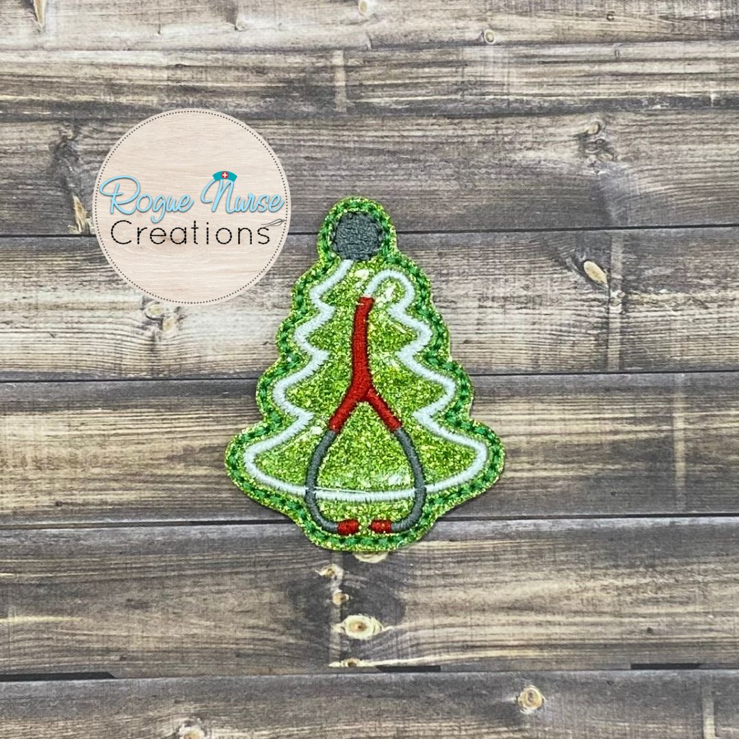 Glitter Holiday Christmas Tree with Stethoscope, Medical Retractable Badge Reel, Healthcare Holiday Badge Reel, Tree Stethoscope Badge Reel