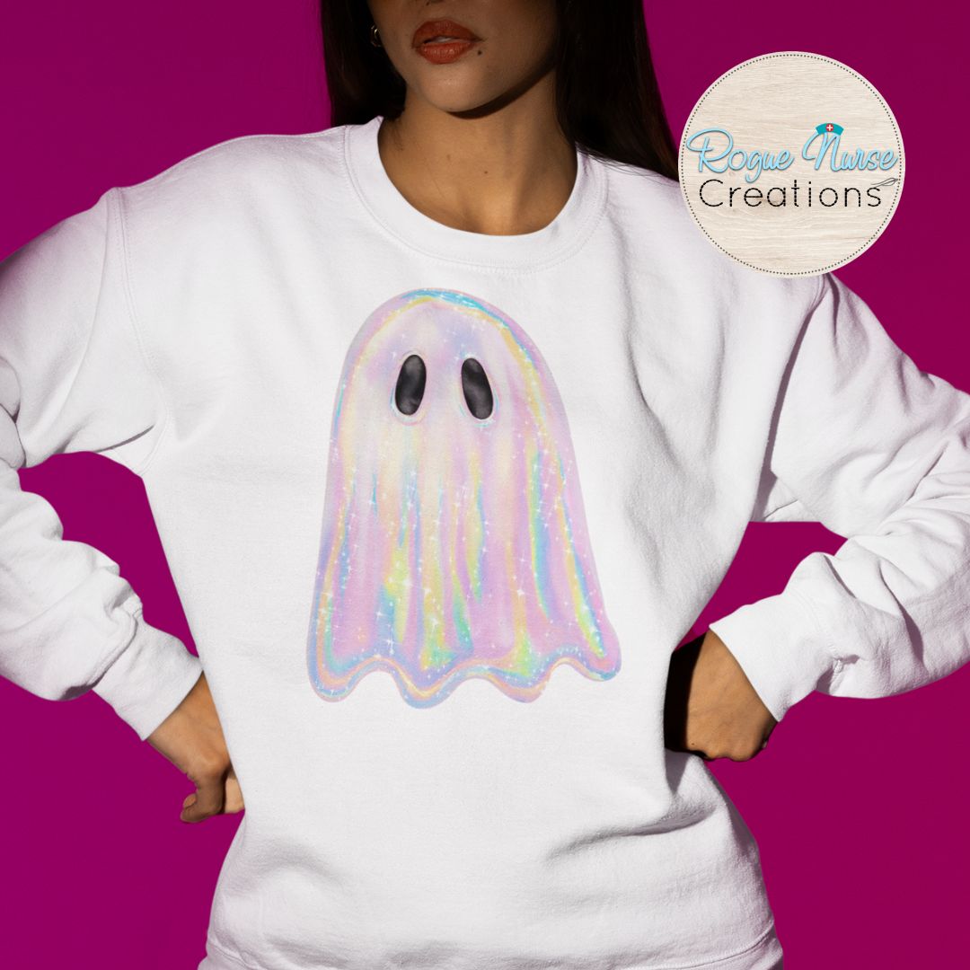 Iridescent looking Ghost Graphic Sweatshirt, Nurse Ghost Crew Pullover, Nurse Gift, Cute Nurse Ghost Halloween Pullover Sweater